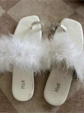 Otherwild White Feather Slide Mules with Rhinestone Toe Ring